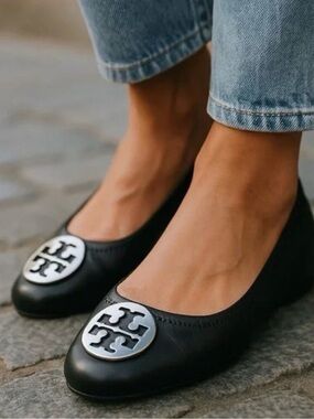 Tory Burch Black Leather Ballet Flats with Silver Logo Medallion